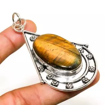 Ювелирный кулон ручной работы с драгоценным камнем Тигровый глаз 925 пробы, посеребренный, 2,65 дюйма 2.65 жёлтый