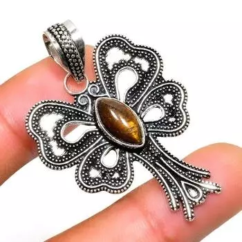 Ювелирный кулон ручной работы с драгоценным камнем 925 пробы Тигровый глаз , посеребренный, 1,70 дюйма 1.70 жёлтый