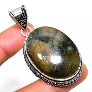 Ювелирный кулон ручной работы с драгоценным камнем Лабрадорит 925 пробы, посеребренный, 2,08 дюйма 2.08 чёрный