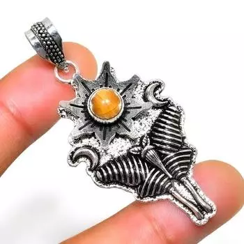 Ювелирный кулон ручной работы с драгоценным камнем 925 пробы Тигровый глаз , посеребренный, 2,27 дюйма 2.27 жёлтый