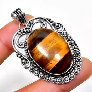 Ювелирный кулон ручной работы с драгоценным камнем 925 пробы Тигровый глаз , посеребренный, 2,08 дюйма 2.08 жёлтый