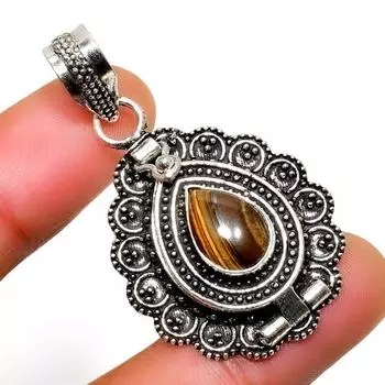 Ювелирный кулон ручной работы с драгоценным камнем 925 пробы Тигровый глаз , посеребренный, 1,70 дюйма 1.70 жёлтый