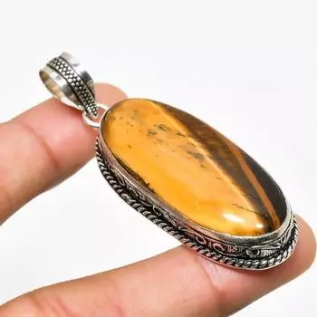 Ювелирный кулон ручной работы с драгоценным камнем Тигровый глаз 925 пробы, посеребренный, 2,38 дюйма 2.38 жёлтый