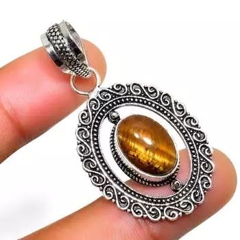 Ювелирный кулон ручной работы с драгоценным камнем 925 пробы Тигровый глаз , посеребренный, 1,70 дюйма 1.70 жёлтый