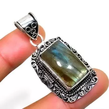 Ювелирный кулон ручной работы с драгоценным камнем Лабрадорит 925 пробы, посеребренный, 1,70 дюйма 1.70 чёрный