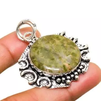 Ювелирный кулон ручной работы с драгоценным камнем унакит, посеребренный 925 пробы, 1,89 дюйма 1.89 зелёный