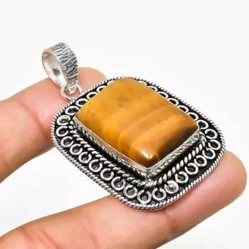 Ювелирный кулон ручной работы с драгоценным камнем Тигровый глаз 925 пробы, посеребренный, 1,89 дюйма 1.89 жёлтый