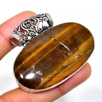 Ювелирный кулон ручной работы с драгоценным камнем 925 пробы Тигровый глаз , посеребренный, 1,70 дюйма 1.70 жёлтый