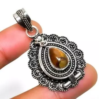 Ювелирный кулон ручной работы с драгоценным камнем 925 пробы Тигровый глаз , посеребренный, 1,70 дюйма 1.70 жёлтый