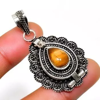 Ювелирный кулон ручной работы с драгоценным камнем 925 пробы Тигровый глаз , посеребренный, 1,70 дюйма 1.70 жёлтый