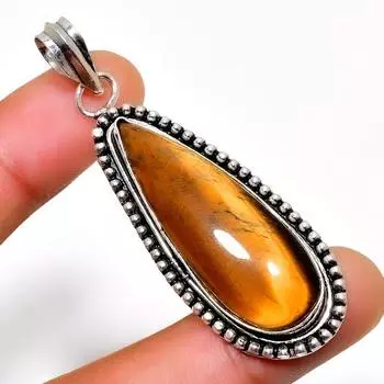 Ювелирный кулон ручной работы с драгоценным камнем 925 пробы Тигровый глаз , посеребренный, 2,27 дюйма 2.27 жёлтый