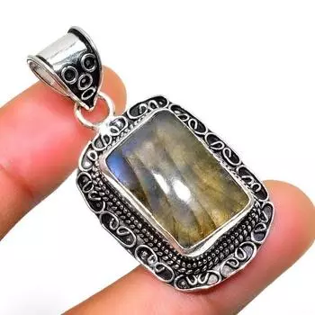 Ювелирный кулон ручной работы с драгоценным камнем Лабрадорит 925 пробы, посеребренный, 1,70 дюйма 1.70 чёрный