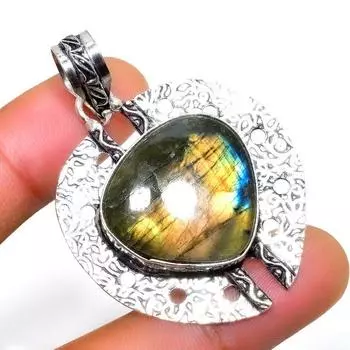 Ювелирный кулон ручной работы с драгоценным камнем Лабрадорит 925 пробы, посеребренный, 2,08 дюйма 2.08 чёрный