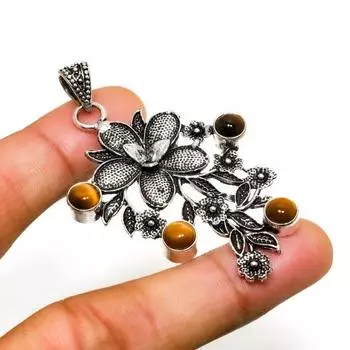 Ювелирный кулон ручной работы с драгоценным камнем Тигровый глаз 925 пробы, посеребренный, 2,27 дюйма 2.27 жёлтый