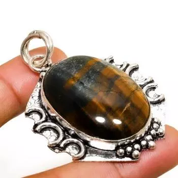 Ювелирный кулон ручной работы с драгоценным камнем Тигровый глаз 925 пробы, посеребренный, 2,08 дюйма 2.08 жёлтый