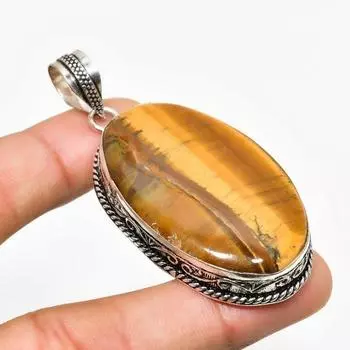 Ювелирный кулон ручной работы с драгоценным камнем Тигровый глаз 925 пробы, посеребренный, 2,46 дюйма 2.46 жёлтый