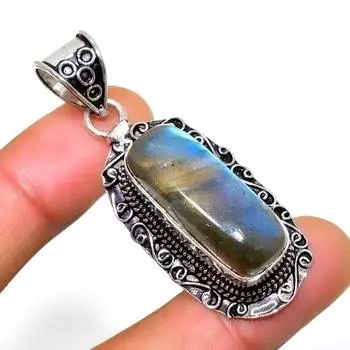 Ювелирный кулон ручной работы с драгоценным камнем Лабрадорит 925 пробы, посеребренный, 2,00 дюйма 2.00 чёрный