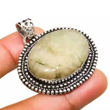 Ювелирный кулон ручной работы с драгоценным камнем пренитом 925 пробы с покрытием из серебра 1,32 дюйма 1.32 зелёный
