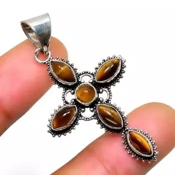 Ювелирный кулон ручной работы с драгоценным камнем 925 пробы Тигровый глаз , посеребренный, 1,89 дюйма 1.89 жёлтый