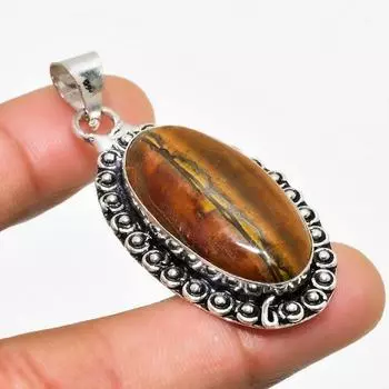 Ювелирный кулон ручной работы с драгоценным камнем Тигровый глаз 925 пробы, посеребренный, 2,00 дюйма 2.00 жёлтый