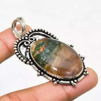 Ювелирный кулон ручной работы с индийским моховым агатом и серебром 925 пробы 2,08 дюйма 2.08 зелёный