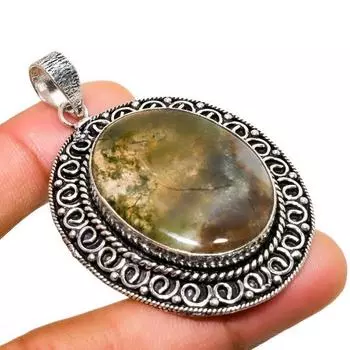 Ювелирный кулон ручной работы с индийским моховым агатом, серебро 925 пробы, 2,27 дюйма 2.27 зелёный