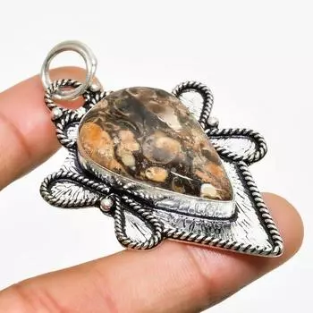 Ювелирный кулон ручной работы с ископаемым драгоценным камнем Turritella, посеребренный 925 пробы, 2,46 дюйма 2.46 коричневый