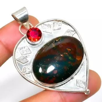 Ювелирный кулон ручной работы с кровавым камнем и гранатом 925 пробы, посеребренный, 2,27 дюйма 2.27 зелёный