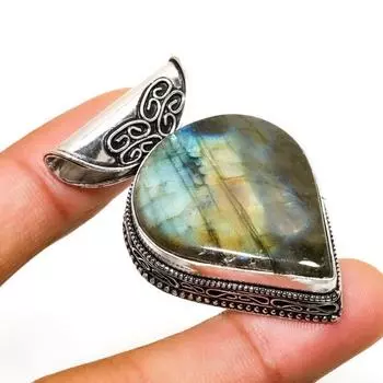 Ювелирный кулон ручной работы с лабрадоритом и серебром 925 пробы 1,70 дюйма 1.70 чёрный