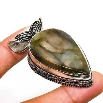 Ювелирный кулон ручной работы с лабрадоритом и серебром 925 пробы 1,89 дюйма 1.89 чёрный