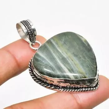 Ювелирный кулон ручной работы с полосатым зеленым опалом, посеребренный 925 пробы, 2,00 дюйма 2.00 зелёный