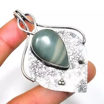 Ювелирный кулон ручной работы с полосатым зеленым опалом 925 пробы, посеребренный, 2,46 дюйма 2.46 зелёный