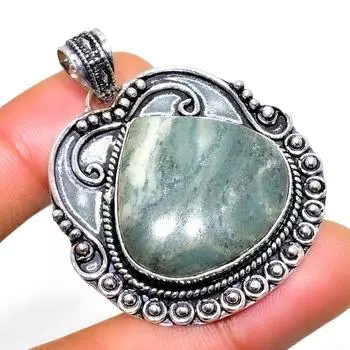 Ювелирный кулон ручной работы с полосатым зеленым опалом 925 пробы, посеребренный, 1,70 дюйма 1.70 зелёный