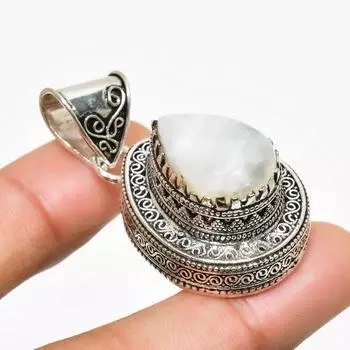 Ювелирный кулон ручной работы с радужным лунным камнем, посеребренный 925 пробы, 1,70 дюйма 1.70 белый