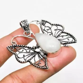 Ювелирный кулон ручной работы с радужным лунным камнем, посеребренный 925 пробы, 1,70 дюйма 1.70 белый