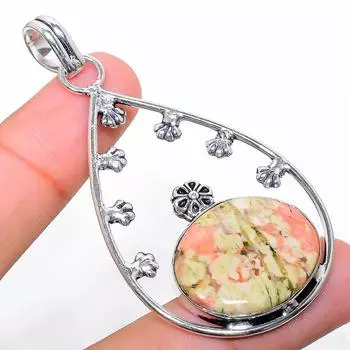 Ювелирный кулон ручной работы Unakite из стерлингового серебра 925 пробы с драгоценным камнем 2,60 дюйма V9j07 зелёный