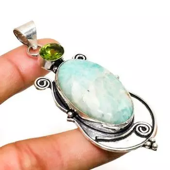 Ювелирный кулон с амазонитом и перидотом 925 пробы, посеребренный, 2,84 дюйма 2.84 синий