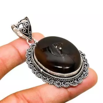 Ювелирный кулон с черным драгоценным камнем 925 пробы Ботсванские друзы с покрытием из серебра 2,27 дюйма 2.27 чёрный