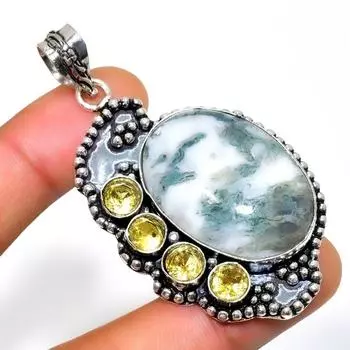 Ювелирный кулон с древовидным агатом и цитрином, посеребренный 925 пробы, 2,46 дюйма 2.46 белый