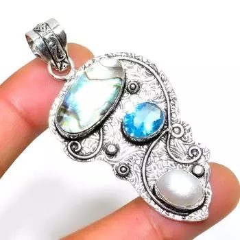 Ювелирный кулон с голубым топазом из ракушки ушка 925 пробы, посеребренный, 2,38 дюйма 2.38 синий