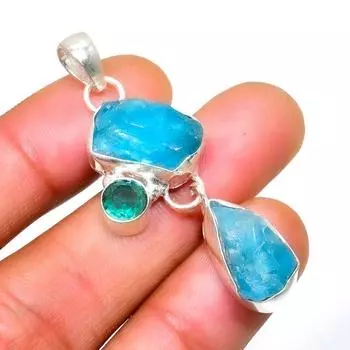 Ювелирный кулон с грубым диопсидом и апатитом, посеребренный 925 пробы, 1,89 дюйма 1.89 цвет морской волны