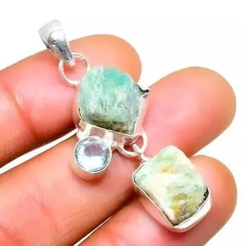 Ювелирный кулон с грубым синим топазом амазонита 925 пробы, посеребренный, 1,70 дюйма 1.70 зелёный