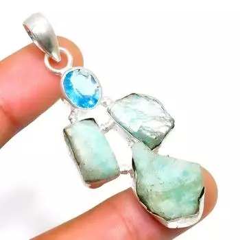 Ювелирный кулон с грубым синим топазом амазонита 925 пробы, посеребренный, 2,27 дюйма 2.27 зелёный