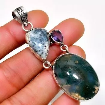 Ювелирный кулон с индийским моховым агатом и аметистом, посеребренный 925 пробы, 2,46 дюйма 2.46 зелёный