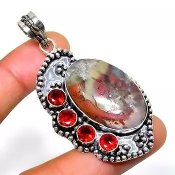 Ювелирный кулон с индийским моховым агатом и гранатом 925 пробы, посеребренный, 2,46 дюйма 2.46 зелёный