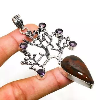 Ювелирный кулон с кровавым камнем и аметистом, посеребренный 925 пробы, 3,21 дюйма 3.21 зелёный