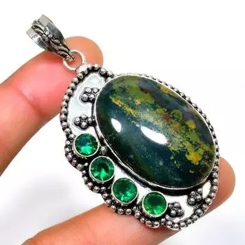 Ювелирный кулон с кровавым камнем и диопсидом 925 пробы, посеребренный, 2,46 дюйма 2.46 зелёный