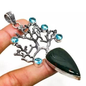 Ювелирный кулон с кровавым камнем и голубым топазом 925 пробы, посеребренный, 3,48 дюйма 3.48 зелёный