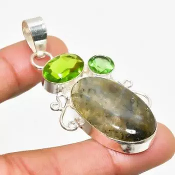 Ювелирный кулон с лабрадоритом и цаворитом 925 пробы, посеребренный, 2,27 дюйма 2.27 чёрный