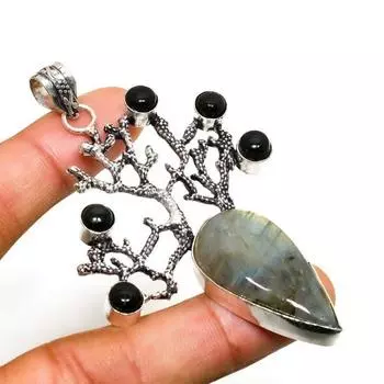 Ювелирный кулон с лабрадоритом и черным ониксом 925 пробы, посеребренный, 3,03 дюйма 3.03 чёрный